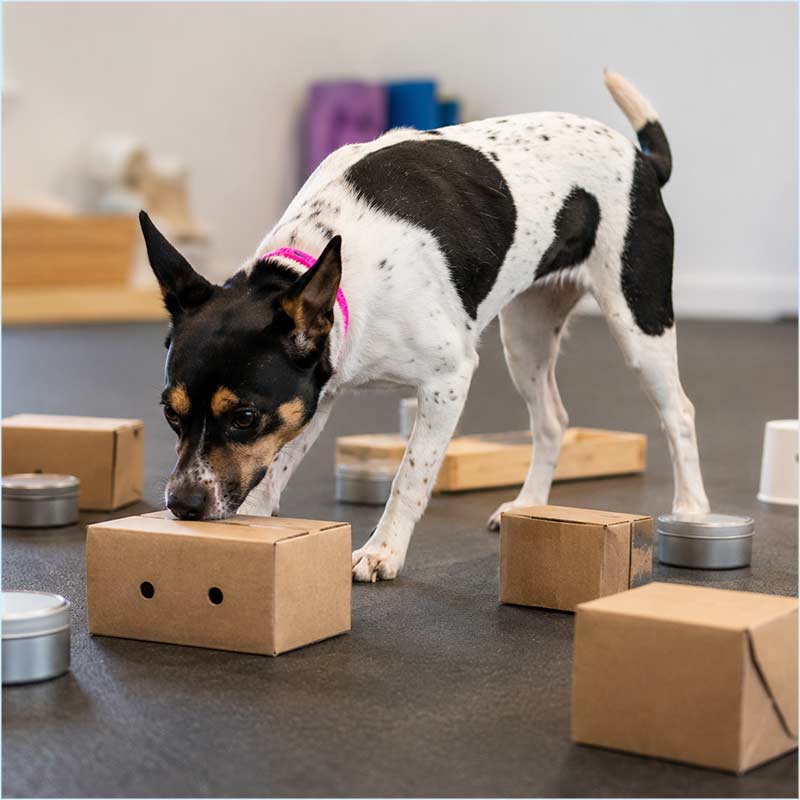 Dog participating in a Mostly Mutts enrichment training class