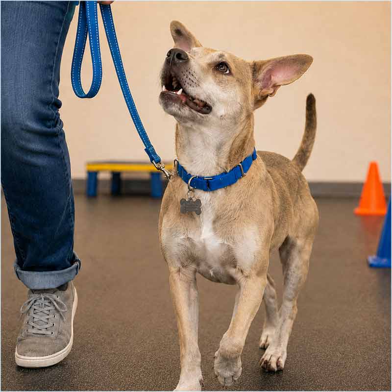 Dog participating in an advanced Mostly Mutts obedience training class